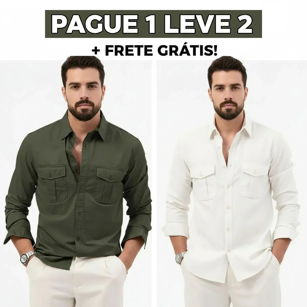 Pague 1 leve 2 | Camisa Social Safari Elegante Premium + RELOGIO de brinde