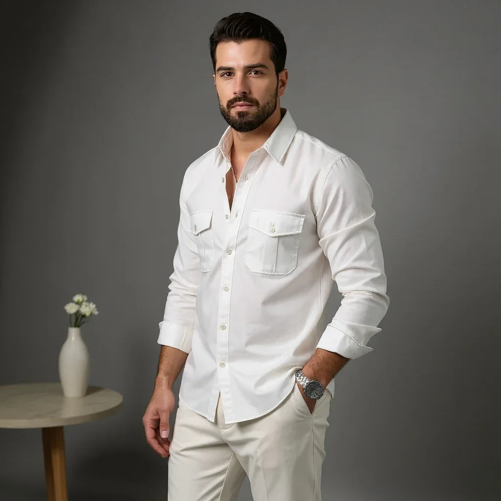 Pague 1 leve 2 | Camisa Social Safari Elegante Premium + RELOGIO de brinde