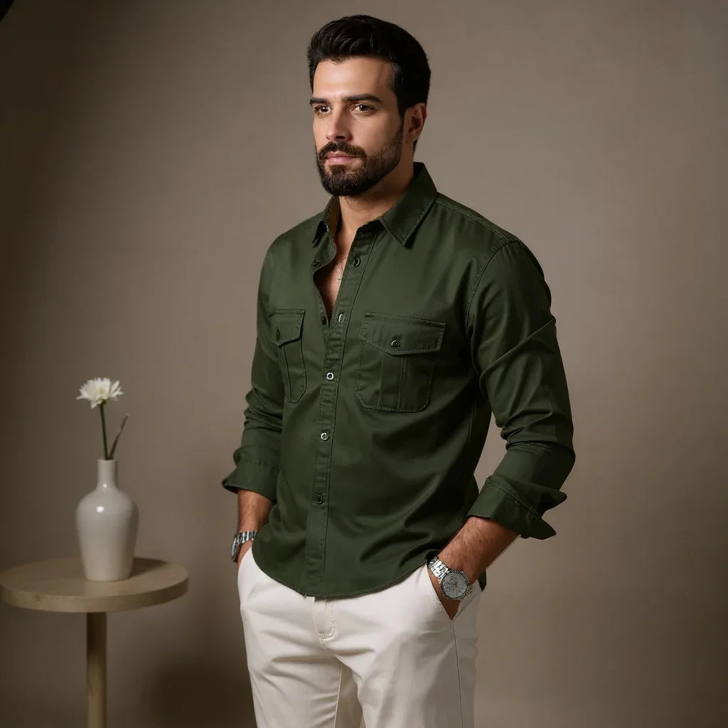 Pague 1 leve 2 | Camisa Social Safari Elegante Premium + RELOGIO de brinde